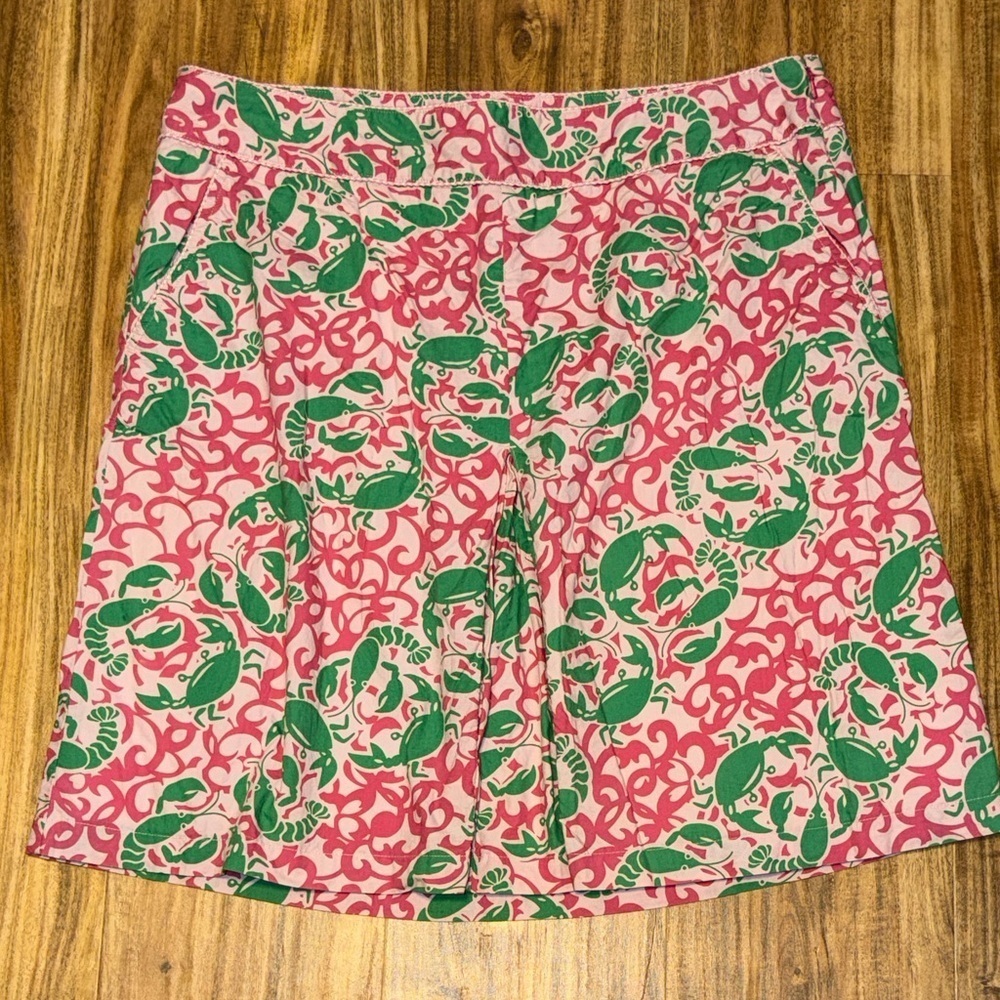 LL Bean women’s XL 16 18 skirt knee Pink Green crab lobster pleat beach prep
